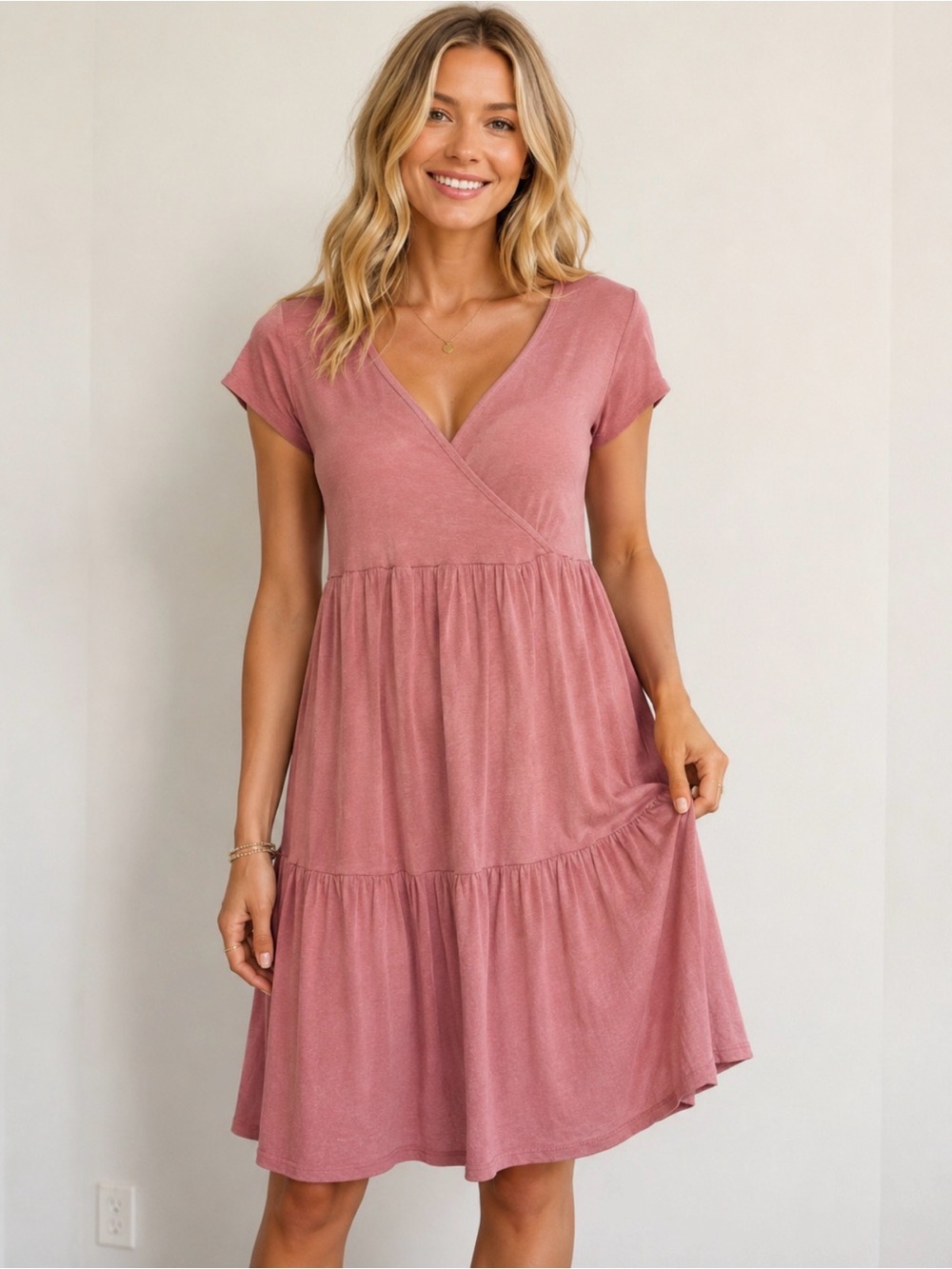 See You Monday a Pink Ribbed, tiered ruffle V-Neck Dress Size M NWT